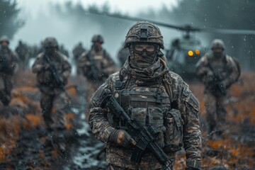 Focused military soldier in camouflage attire standing out in a misty, evocative forest setting with helicopter backdrop - Powered by Adobe