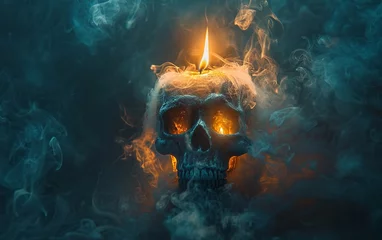 Papier Peint photo Crâne aquarelle A creepy illustration depicting a skull-shaped wisp of smoke emerging from a candle that has been burnt down.