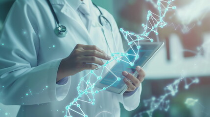 Medical doctor engages with a futuristic digital medical record system using a handheld device. Digital healthcare and network connection on hologram modern virtual screen interface