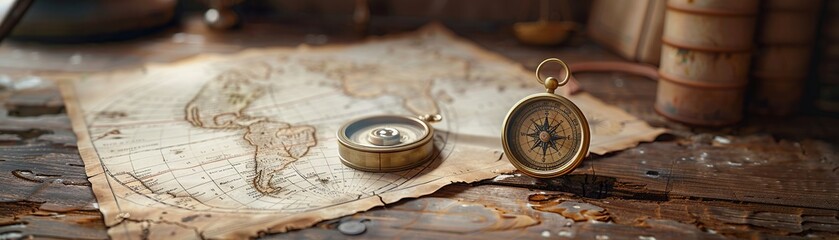 Antique map and compass on a wooden desk, nostalgic, close-up, exploration , illustration