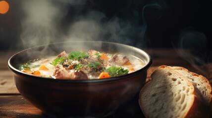 Steaming bowl of chunky meat and vegetable stew with bread.