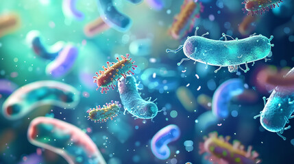 microscopic microbiome view of bacteria  in the gut, healthy microorganisms, pathogen and cells macro shot, colorful biology, virology background , virus, Medical field - obrazy, fototapety, plakaty