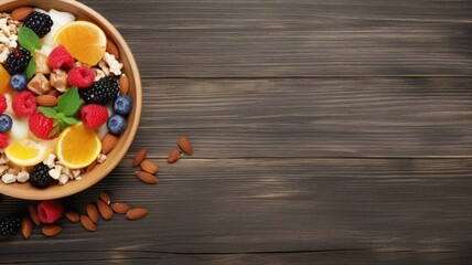 Healthy cereal with berries, almonds, and slices of orange on a wooden table.