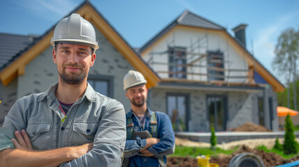 A team of 2 roofers face in front of their newly renovated house, looking at the camera lens with a smile,