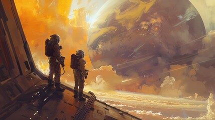 Two space travelers, in suits, stand at the airlock of their ship, looking out at the swirling clouds of a gas giant - obrazy, fototapety, plakaty