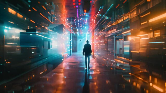 Man walking through a futuristic server room corridor. Digital illustration with light effects.