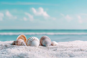 Fototapeta na wymiar Sea shells rest on sandy beach by ocean, under azure sky and gentle wind wave, world ocean day