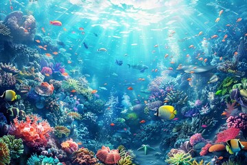Fototapeta na wymiar Underwater world with abundant marine life among coral reef and fish, world ocean day