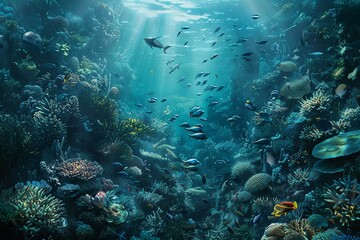 Fototapeta na wymiar Organisms swimming in the fluid underwater near a coral reef,world ocean day