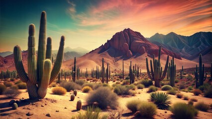 landscape field of cacti and mountains in the desert 80's retro color