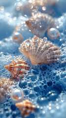 Fototapeta na wymiar Seashells adrift in crystal-clear waters, encircled by a dance of shimmering bubbles.