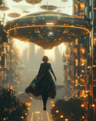 AI assistants, holographic displays, society governed by algorithms, citizens traveling on levitating transports 3D Render, Golden Hour, Depth of Field Bokeh Effect - obrazy, fototapety, plakaty