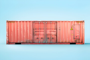 A red cargo container with signs of wear and rust on a blue background. - obrazy, fototapety, plakaty