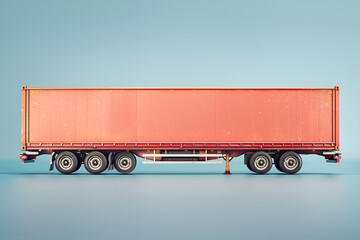 Side view of an empty orange semi-trailer on a blue background, isolated with no branding.