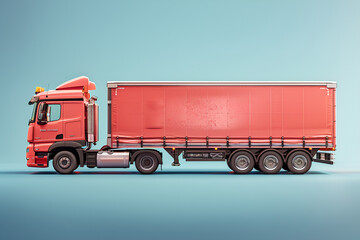 A red cargo truck is parked against a blue background in a side view, illustrating logistics and transportation.