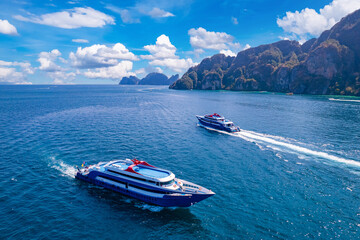 Large ship ferry from Phuket to Phi Phi, Krabi Thailand. Amazing travel landscape photo in Thai