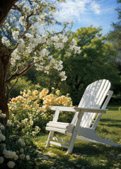 Inviting Garden Chair among Blooming Spring Flowers, Serene Outdoor Relaxation, Perfect Peaceful Retreat in Nature