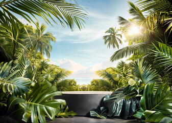 Lush Tropical Oasis View from a Modern Terrace, Bathed in Sunlight, Serene and Inviting