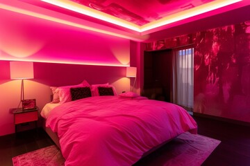 A pink bedroom with a bed, nightstand, and lamp. The room is lit up with pink lights, creating a warm and cozy atmosphere