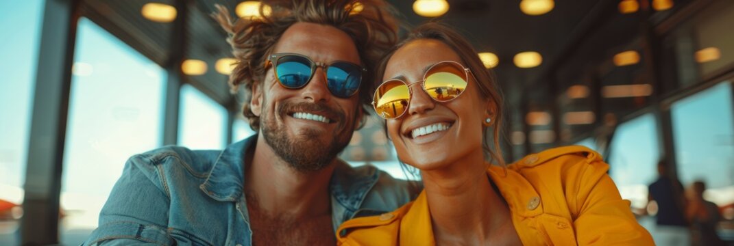 Ecstatic young travelers at airport terminal, ready for international departure