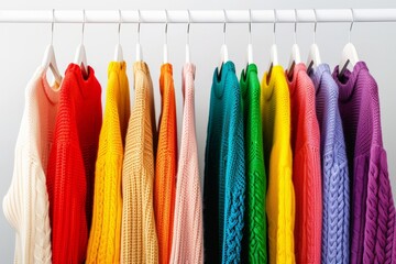 A row of colorful sweaters hanging on a clothesline. The colors are bright and cheerful, creating a sense of warmth and happiness
