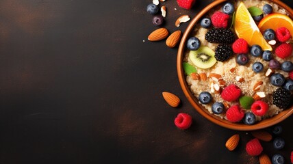 A bowl of oatmeal with assorted fruits, nuts, and a dark background.