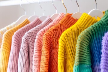 A row of brightly colored sweaters hanging on a rack. The colors are pink, orange, yellow, green,...