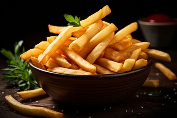 Tempting french fries in a clay dish against a dark background