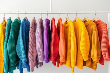 A rack of colorful sweaters hanging on a white hanger. The colors are bright and cheerful, creating...
