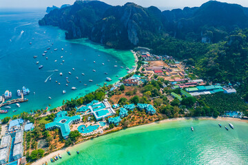Aerial view panorama landscape longtail boat on Phi Phi island from drone, travel landmark of Thailand