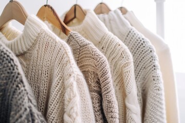 A row of white sweaters hanging on a rack. The sweaters are all different colors and styles, but...