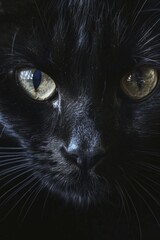 portrait of a black cat's face in the dark. photorealistic. 