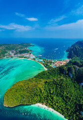 Aerial view Phi Phi island with turquoise clear water , Krabi Province. Amazing travel photo Thailand tropical paradise by drone