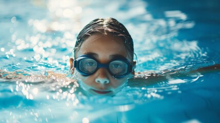 A girl is swimming in a pool wearing goggles. She is looking at the camera. The water is clear and calm