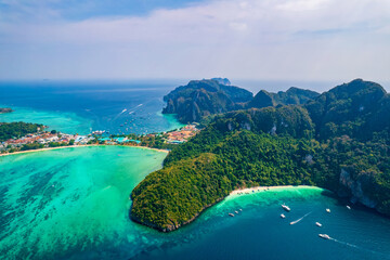Aerial view Phi Phi island with turquoise clear water , Krabi Province. Amazing travel photo Thailand tropical paradise by drone - obrazy, fototapety, plakaty