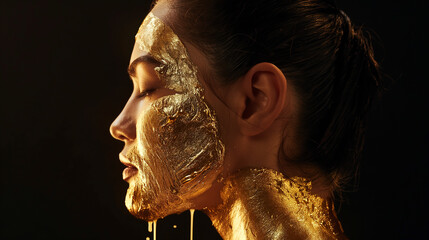 A woman with her hair tied back and wearing a gold liquid face mask is shown in full profile