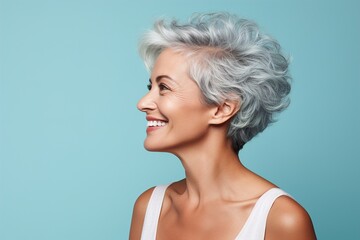 A woman with a short gray hair and a white tank top is smiling - obrazy, fototapety, plakaty