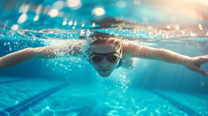 A woman is swimming in a pool. She is wearing goggles and a blue swimsuit. The water is clear and calm