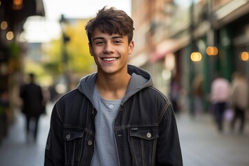 Fototapeta premium A young man wearing a black jacket and gray shirt is smiling for the camera