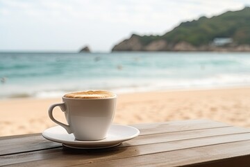 Cup of coffee on table with beach background