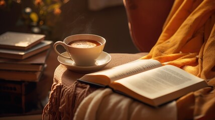 Cozy reading corner with a hot cup of coffee and books.