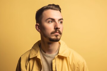 Obraz premium A man with a beard and a yellow jacket is looking at the camera