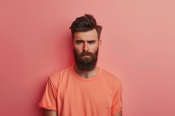 Fototapeta premium A man with a beard is wearing an orange shirt and looking at the camera