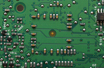 Parts and components on printed circuit boards close-up