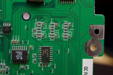 Parts and components on printed circuit boards close-up