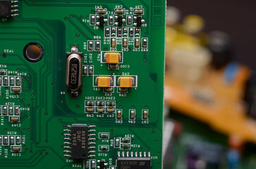 Parts and components on printed circuit boards close-up
