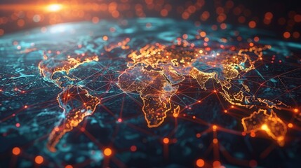 Illustration depicting a vibrant, fiery digital representation of global networking, emphasizing connectivity and internet infrastructure