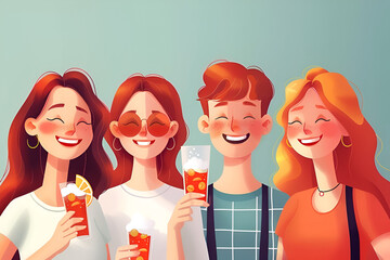 Illustration of four happy friends with drinks, enjoying a moment together. - obrazy, fototapety, plakaty