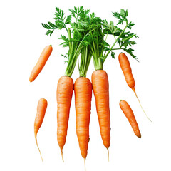 Fresh carrots with green tops, a staple food in cuisine, on a transparent background