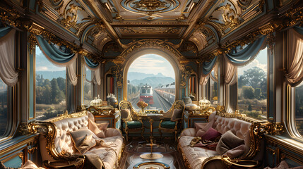 luxurious train with gold tones which has a variety of seating options including couches and chairs. The seating options are surrounded by numerous mirrors and framed pictures.  - Powered by Adobe